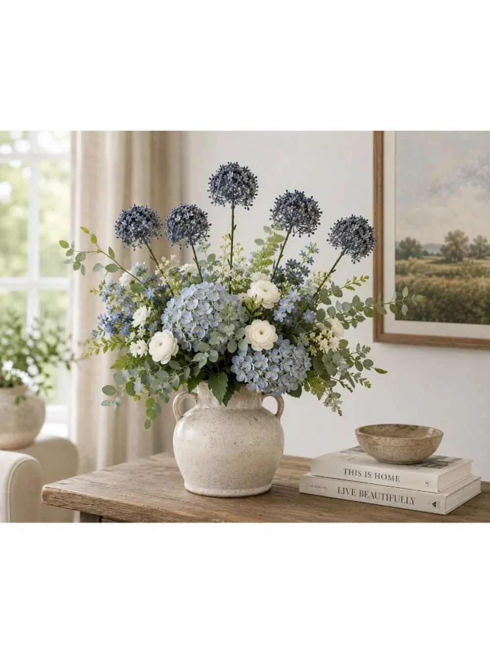 Artificial Blue Allium Flower Stems Set of 2 Dusty French Blue Faux Floral Spray